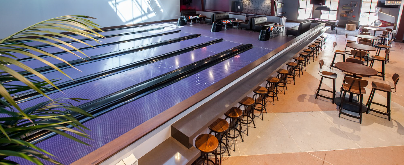 bowling alley barstools and dining tables