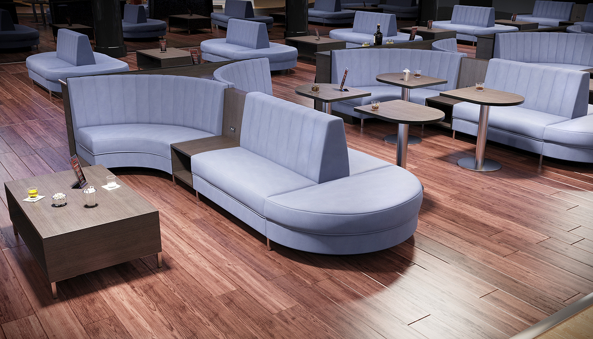 lilac bowling sofa with built in tables in bowling alley environment