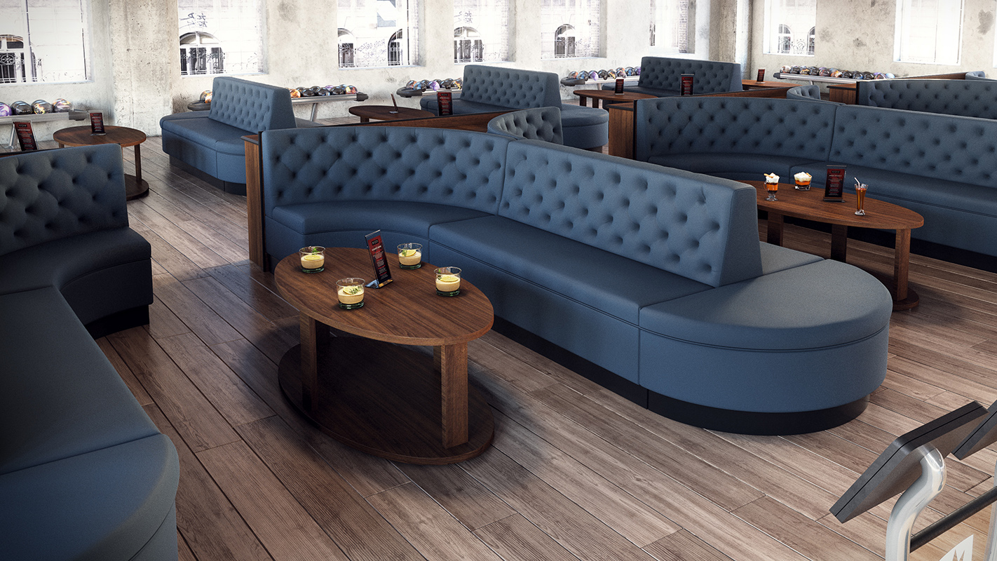 blue diamond-tufted bowling sofa in bowling alley