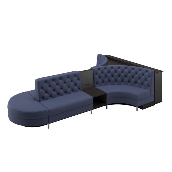 Perfect Game 2.0 diamond-tufted sofa with built in table and drink rail for bowling lanes