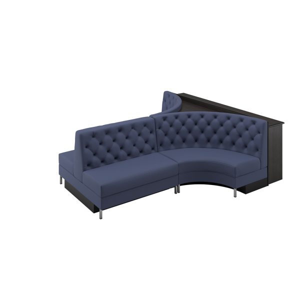 Perfect Game 2.0 diamond-tufted sofa with recessed toekick and drink rail for bowling lanes