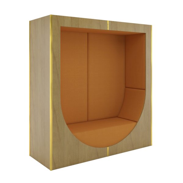 commercial seating pod with upholstered walls and laminate outside
