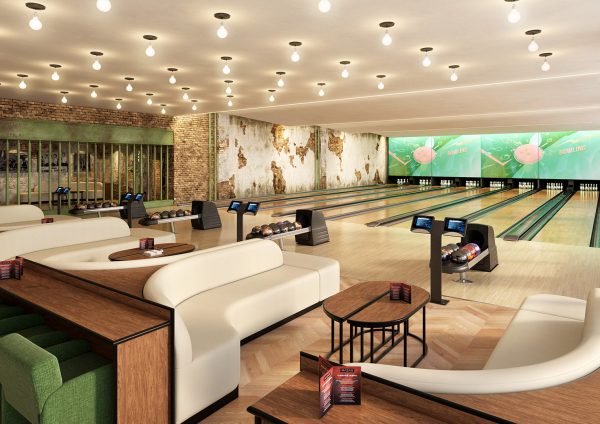 Brooklyn bowling lane sofa with drink rail for bowling centers